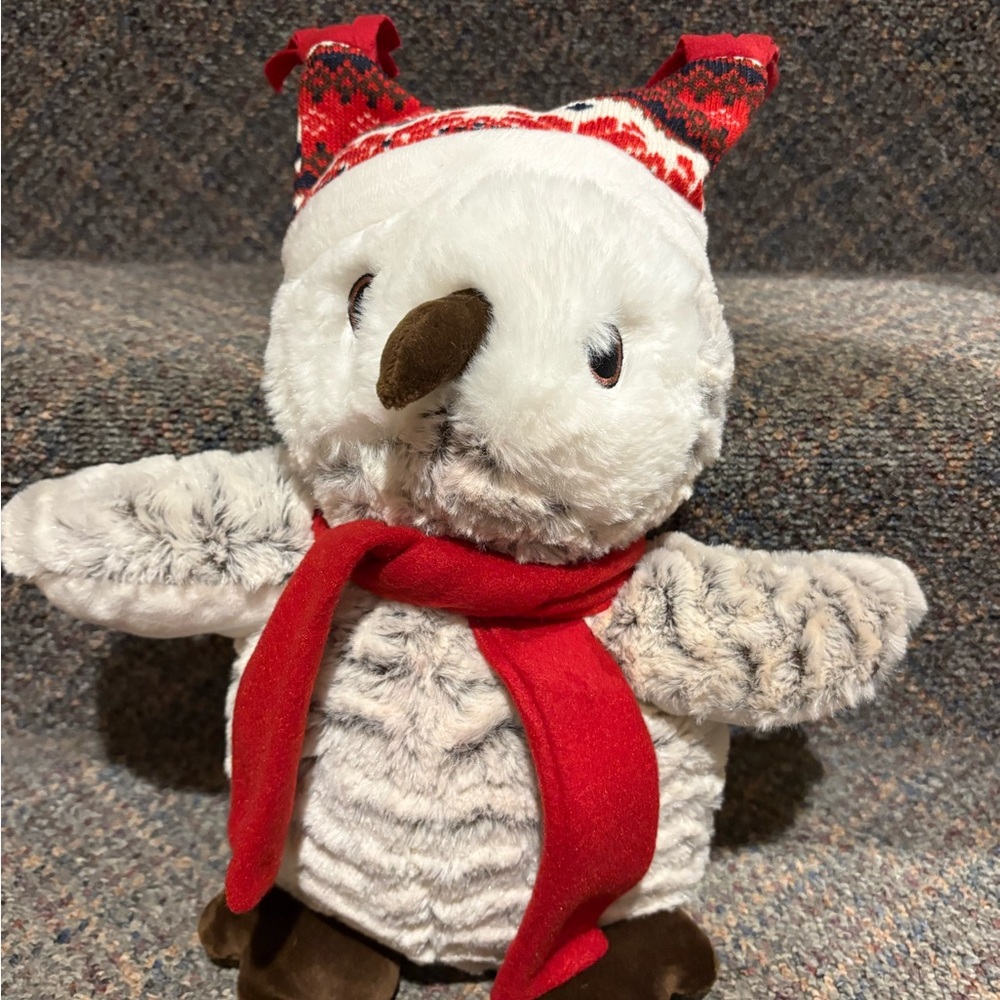 Festive Plush Owl  with Red Hat and Scarf